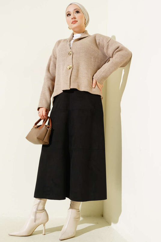 Double Gold Buttoned Short Knit Cardigan Beige