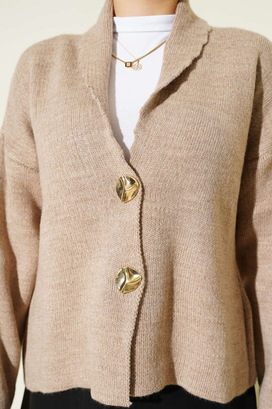 Double Gold Buttoned Short Knit Cardigan Beige