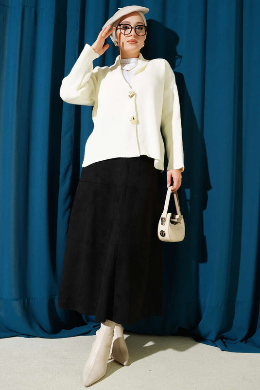 Double Gold Buttoned Short Knit Cardigan Ecru