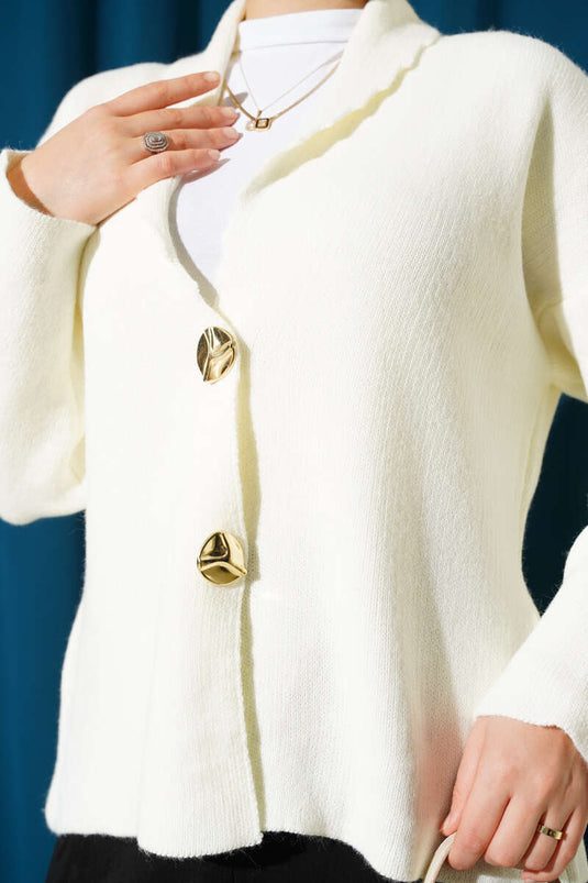 Double Gold Buttoned Short Knit Cardigan Ecru