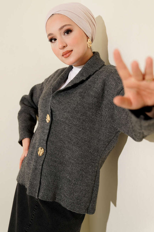 Double Gold Buttoned Short Knit Cardigan in Smoke