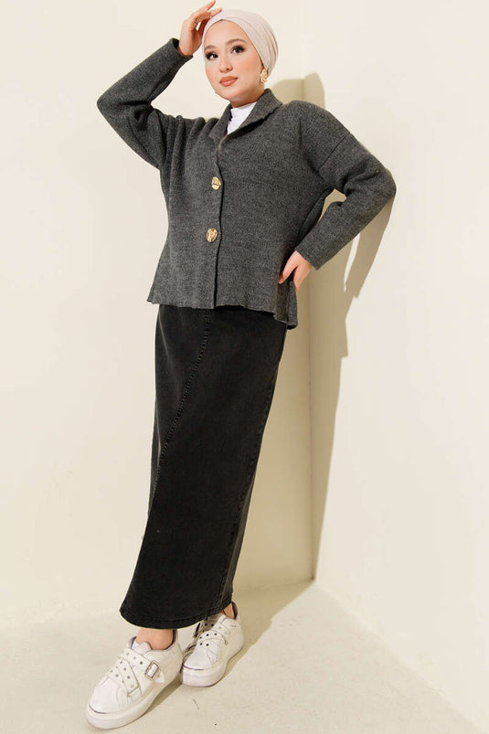 Double Gold Buttoned Short Knit Cardigan in Smoke