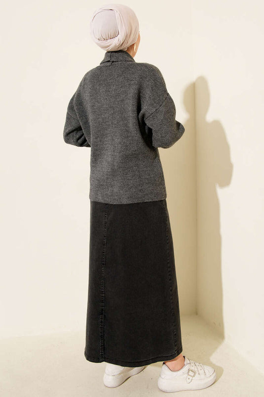 Double Gold Buttoned Short Knit Cardigan in Smoke