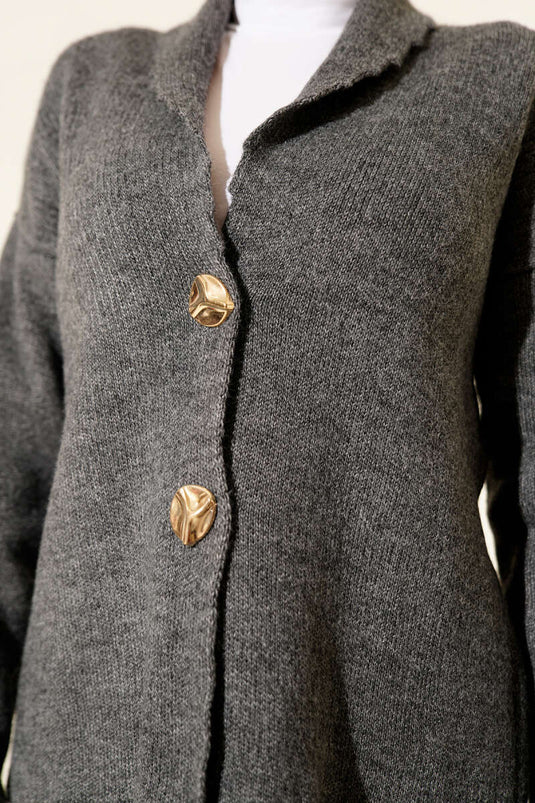 Double Gold Buttoned Short Knit Cardigan in Smoke