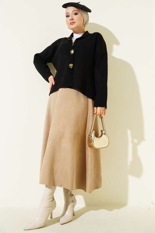 Double Gold Buttoned Short Knit Cardigan Black