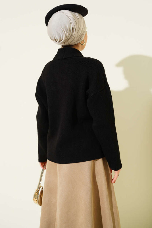 Double Gold Buttoned Short Knit Cardigan Black