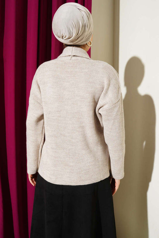 Double Gold Buttoned Short Knit Cardigan Stone