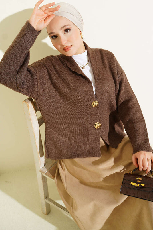 Double Gold Buttoned Short Knitted Cardigan Mink