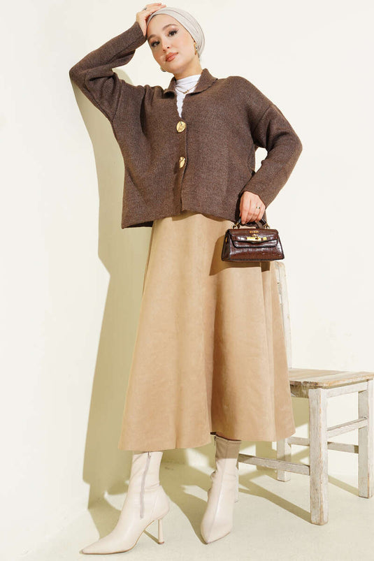 Double Gold Buttoned Short Knitted Cardigan Mink