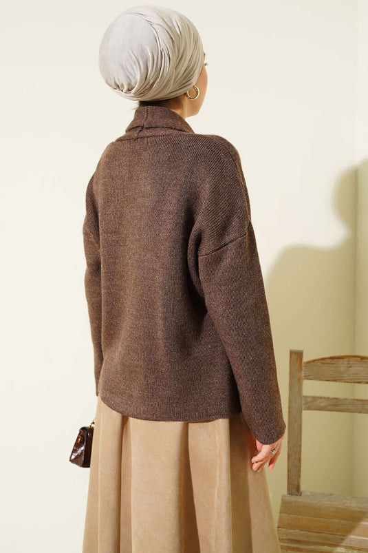 Double Gold Buttoned Short Knitted Cardigan Mink