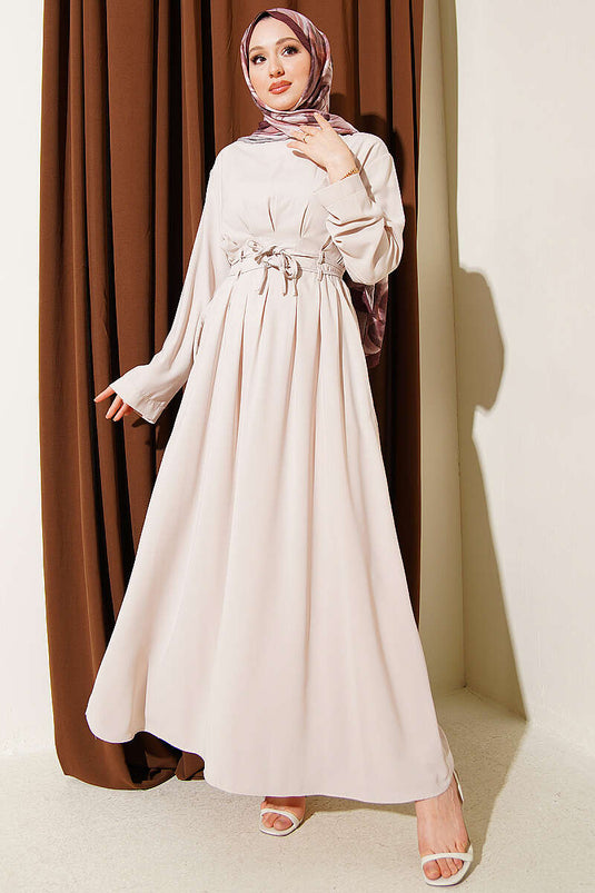 Double Cord Belted Pleated Dress Beige
