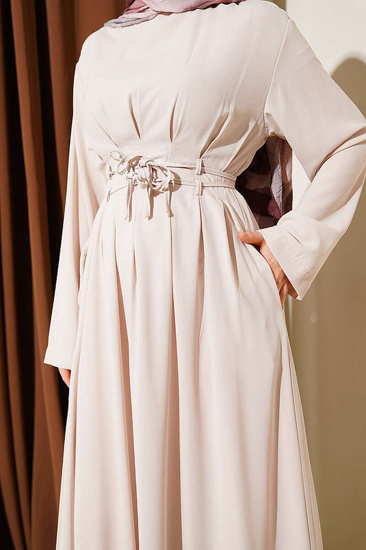 Double Cord Belted Pleated Dress Beige