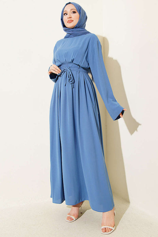 Robe plissée à double ceinture indigo