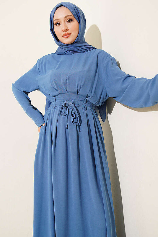 Robe plissée à double ceinture indigo