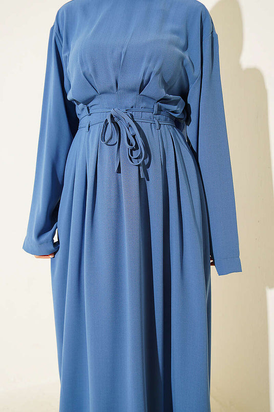 Robe plissée à double ceinture indigo