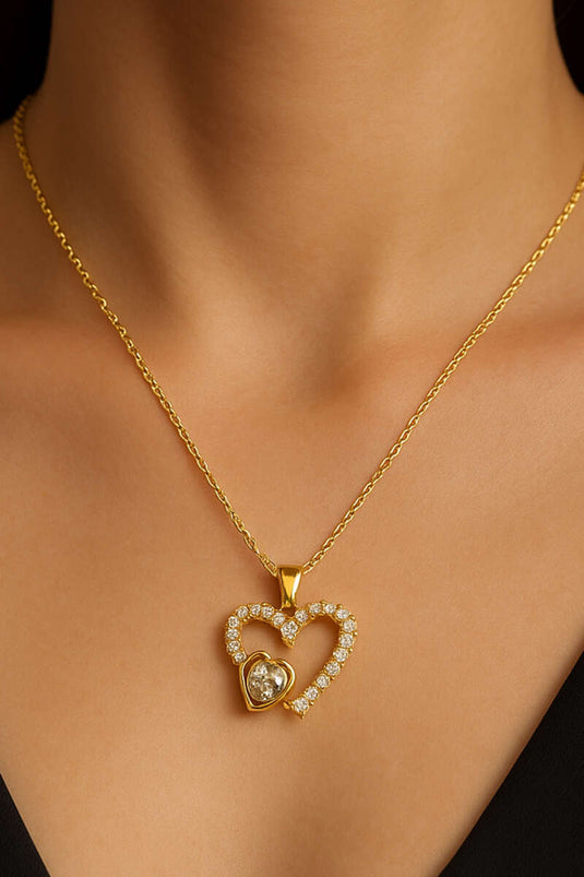 Dubbele hartvormige stenen ketting goud