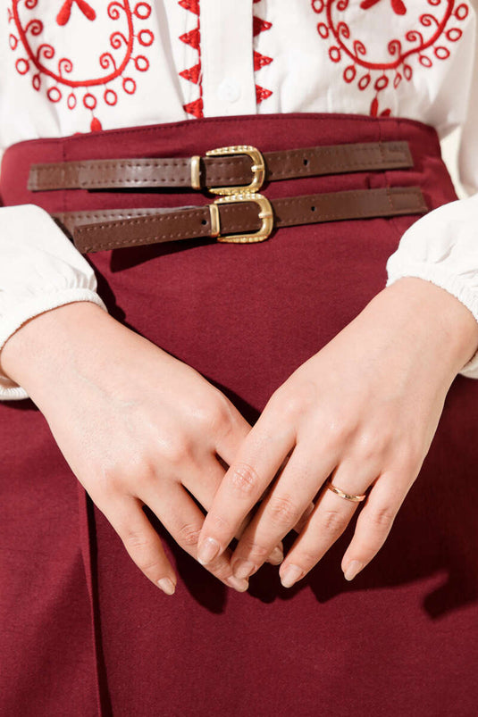 Gonna con Doppia Cintura Dettaglio Bordeaux
