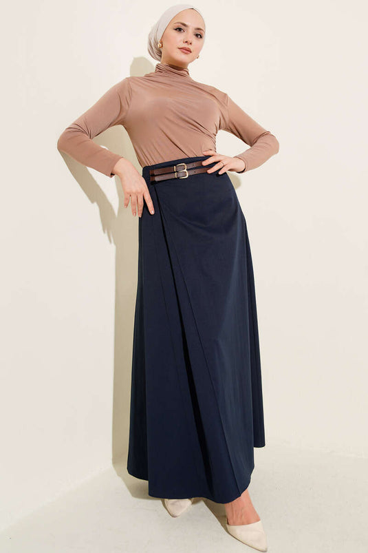 Skirt with Double Belt Detail Navy Blue