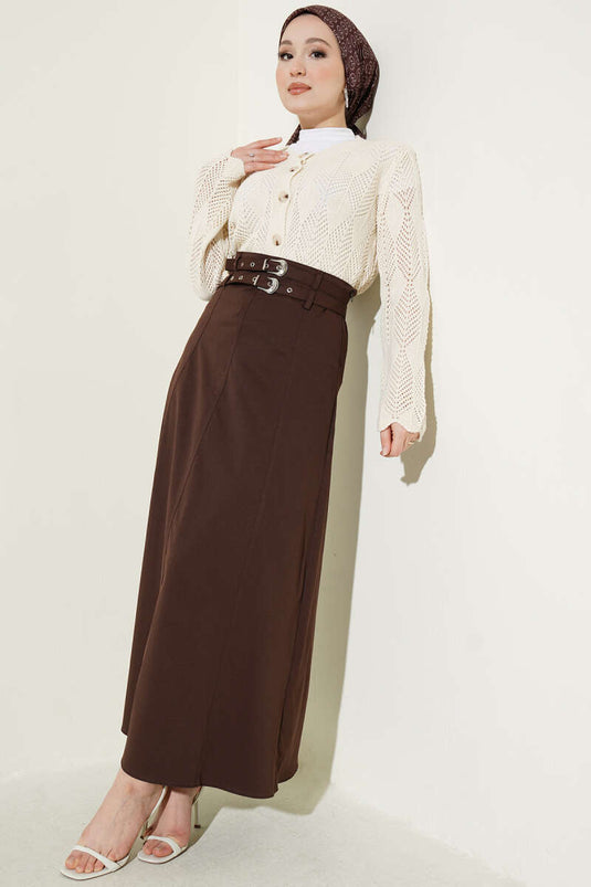 Double Belt Stitch Detail Skirt Brown