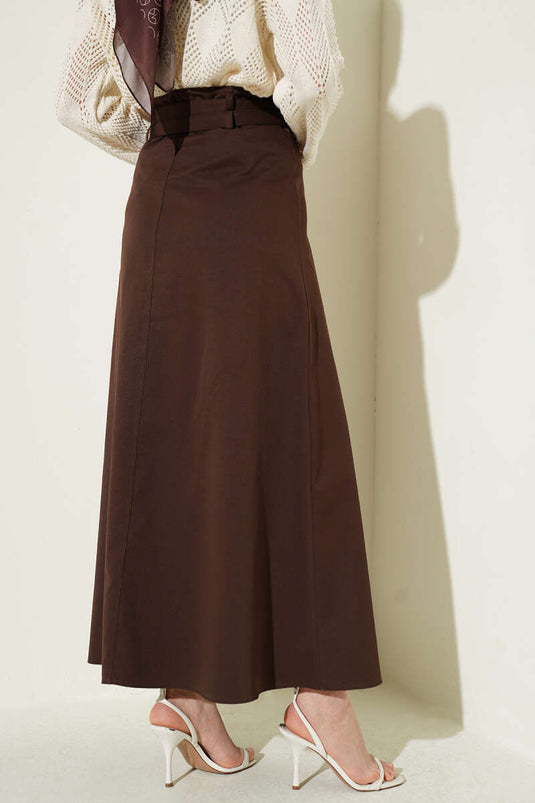 Double Belt Stitch Detail Skirt Brown