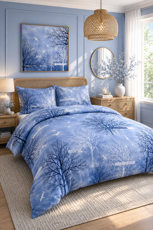 Parure de lit à motifs pour lit double bleu