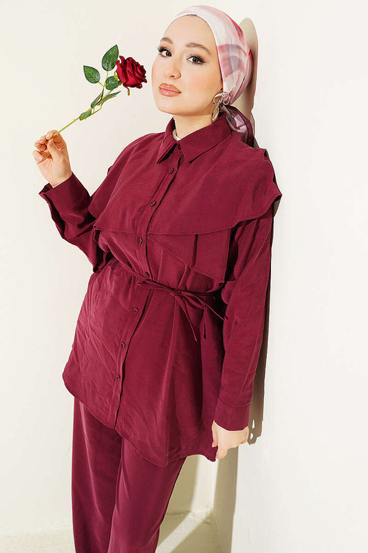 Double Cape Detail Modal Two-Piece Set Burgundy