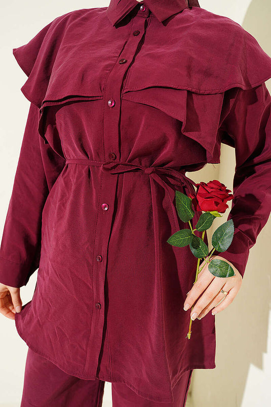 Double Cape Detail Modal Two-Piece Set Burgundy
