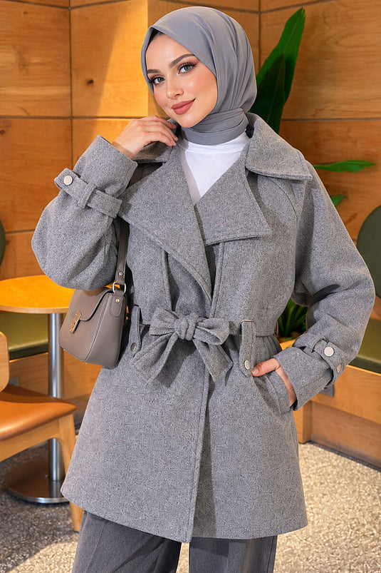 Çift Pelerinli Kuşaklı Kaşe Kaban Gri