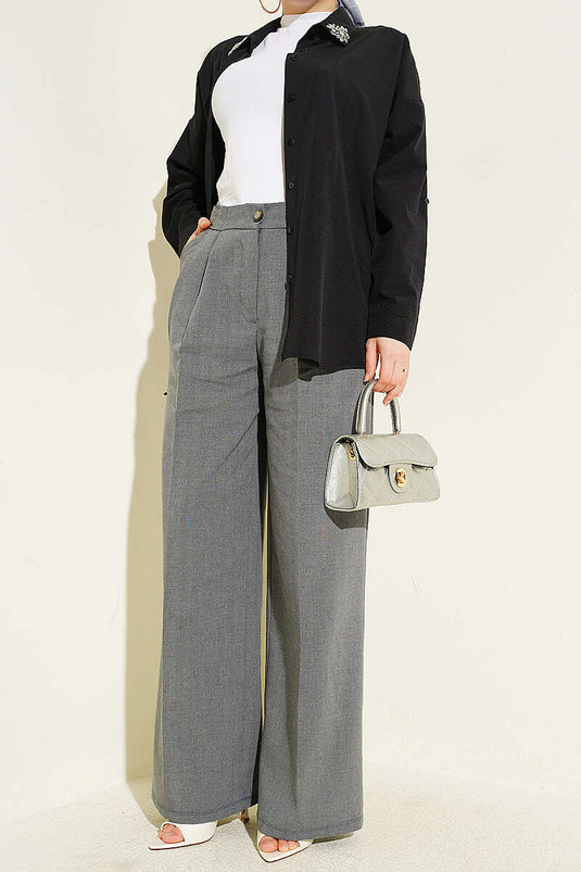 Pantalon en tissu à plis doubles avec boutons, couleur fumée