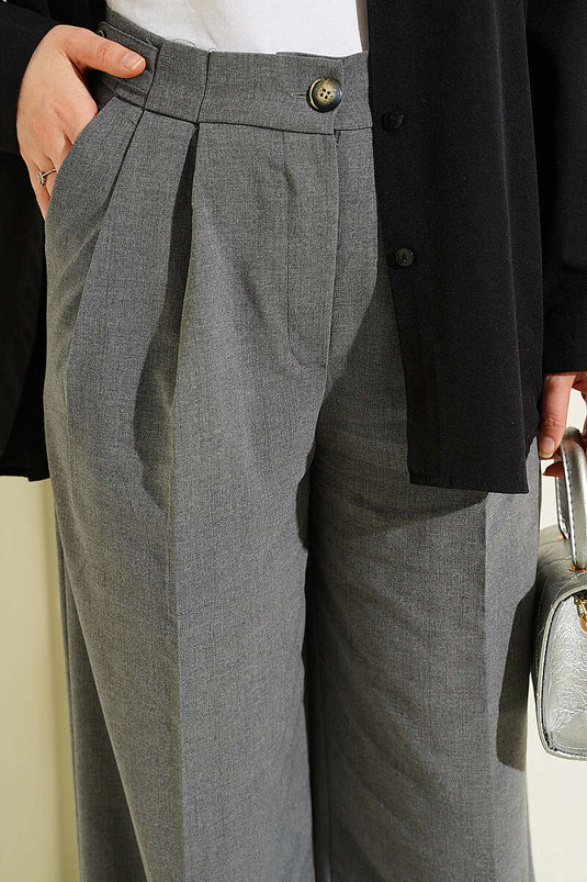 Pantalon en tissu à plis doubles avec boutons, couleur fumée