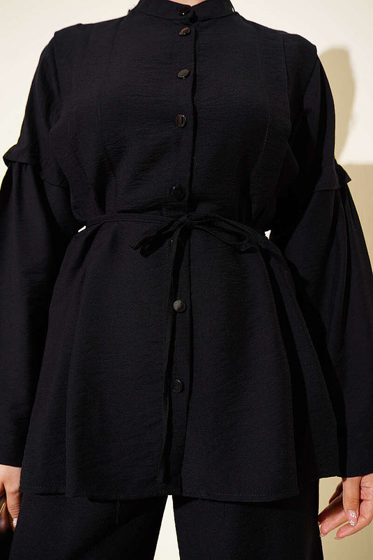 Ensemble deux pièces noir à col officier plissé double