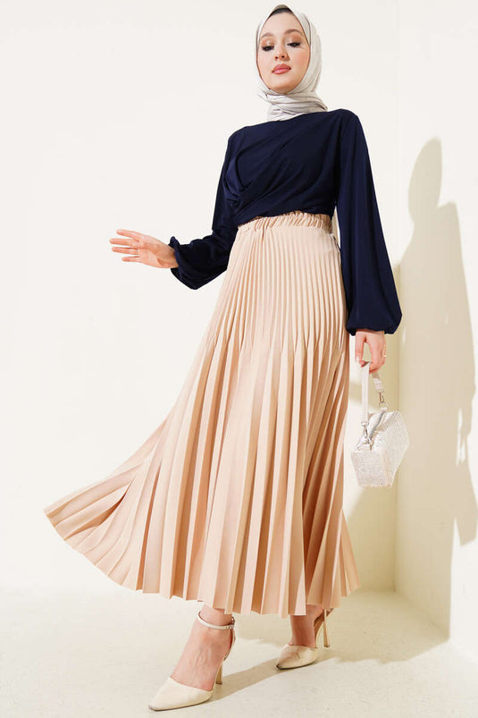 Çift Piliseli Bel Lastikli Etek Bej