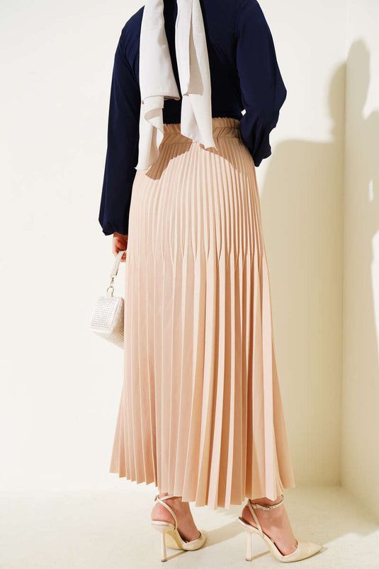 Çift Piliseli Bel Lastikli Etek Bej