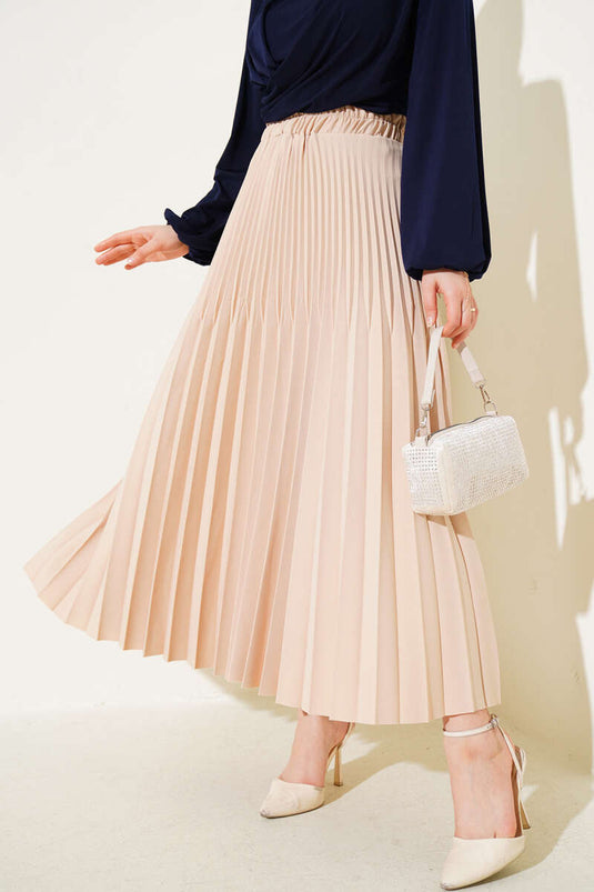 Double Pleated Waist Elastic Skirt Beige