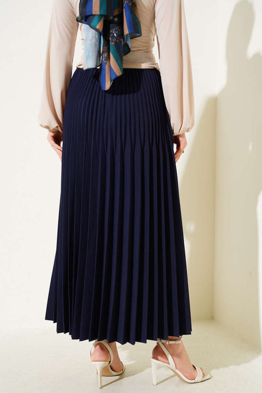 Double Pleated Waist Elastic Skirt Navy Blue