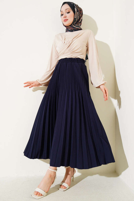 Double Pleated Waist Elastic Skirt Navy Blue