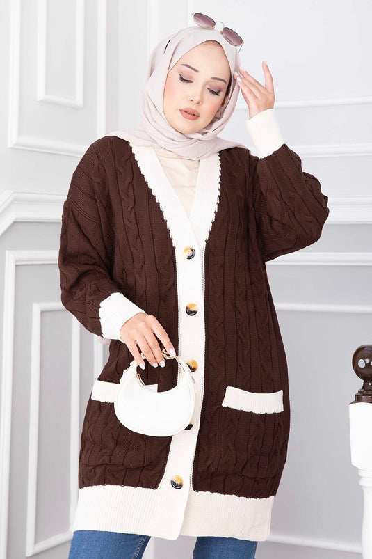 Zweifarbiger Strick-Cardigan In Kaffee