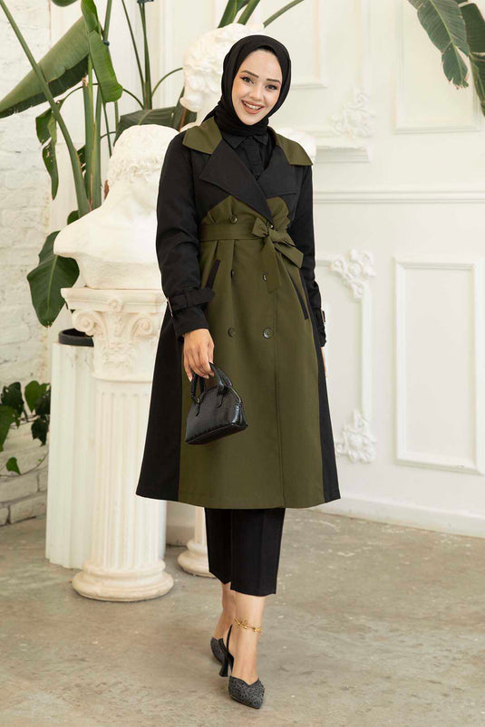 Trench Détail Boutons Bicolores Kaki