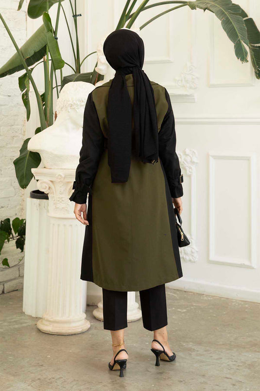 Trench Détail Boutons Bicolores Kaki
