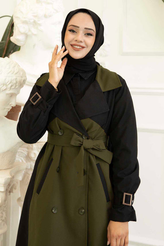 Trench Détail Boutons Bicolores Kaki