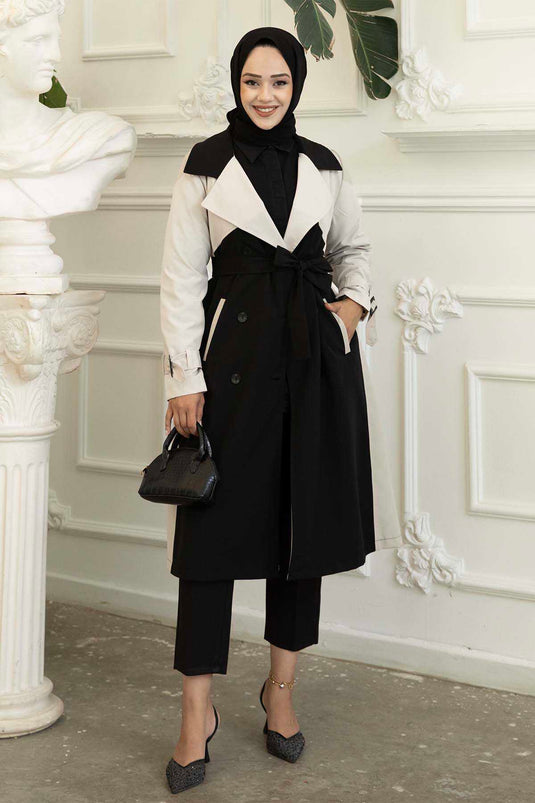 Trench Détail Boutons Double Couleur Noir
