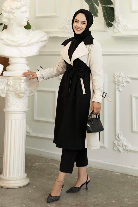 Trench Détail Boutons Double Couleur Noir