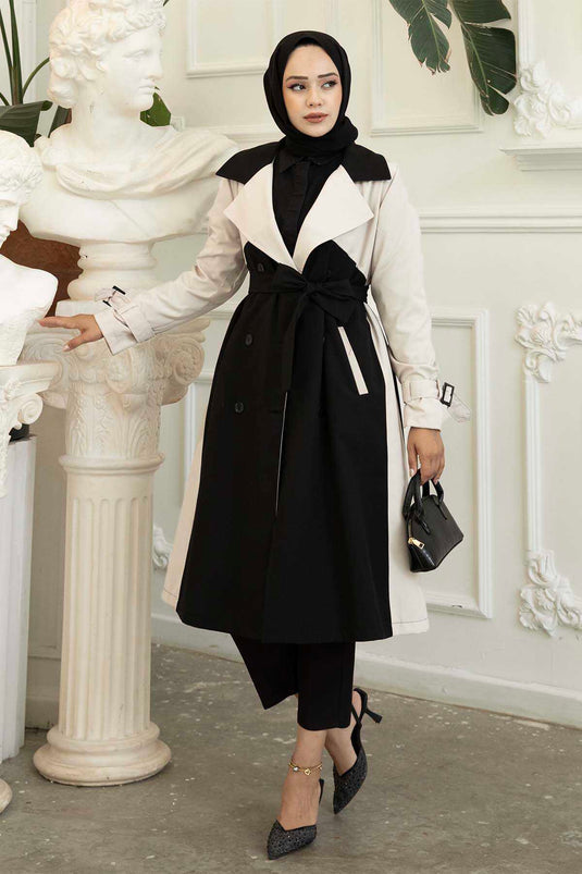 Trench Détail Boutons Double Couleur Noir