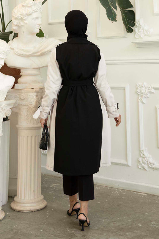 Trench Détail Boutons Double Couleur Noir