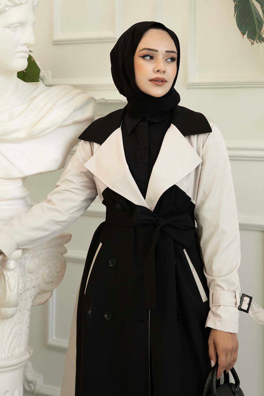 Trench Détail Boutons Double Couleur Noir