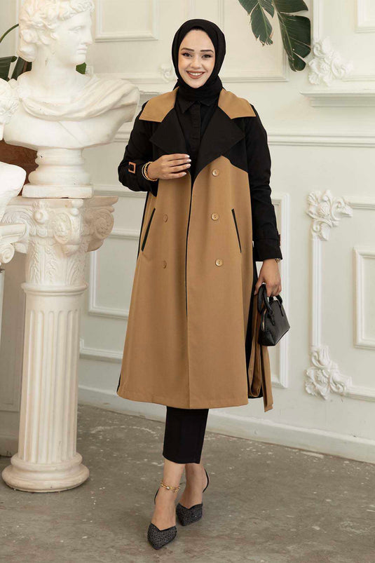 Trench détaillé à boutons double couleur Tan