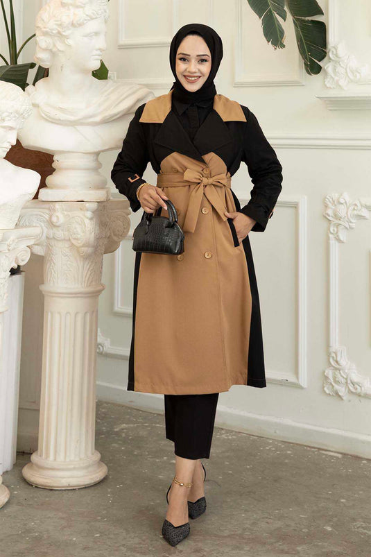 Trench détaillé à boutons double couleur Tan