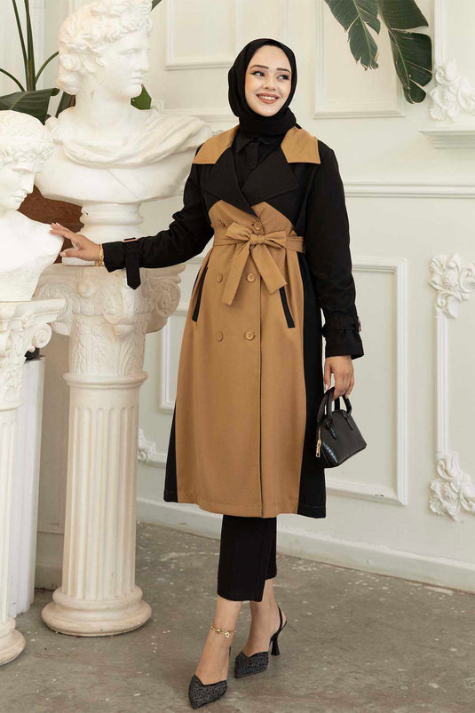 Trench détaillé à boutons double couleur Tan