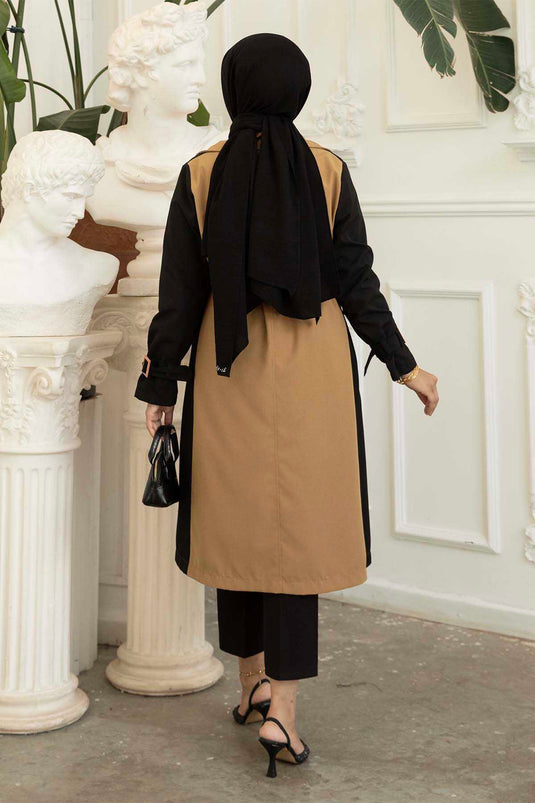 Trench détaillé à boutons double couleur Tan