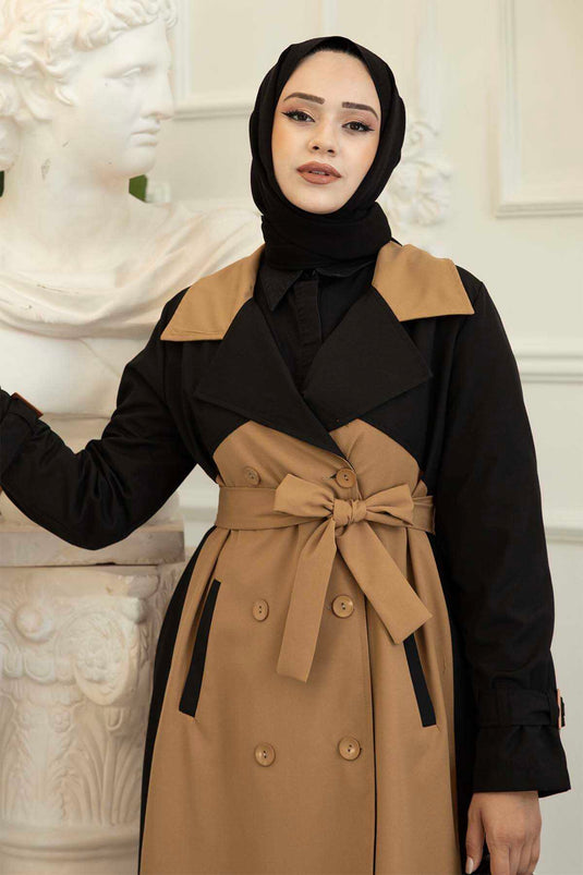Trench détaillé à boutons double couleur Tan